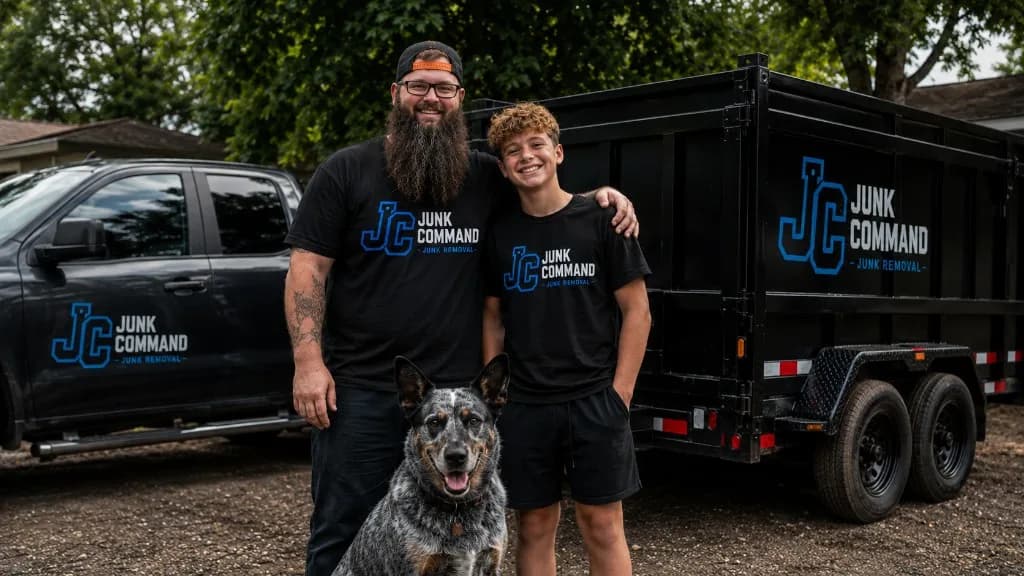 Dan and Gage with Luna the Blue Heeler and the Junk Command truck and trailer