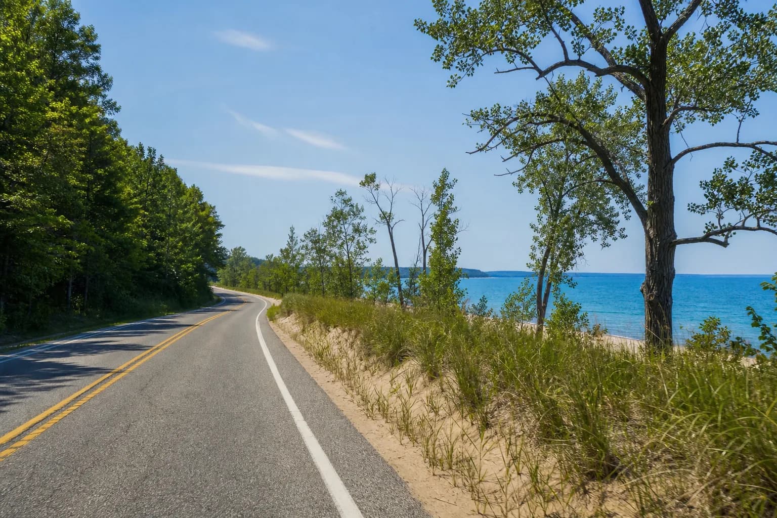 Coastal Michigan highway along Lake Huron on the Thumb Yard Sale Trail
