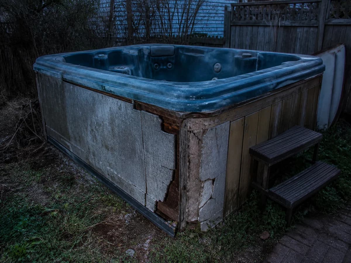 Junk Command dismantling and removing a backyard hot tub